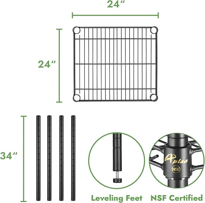 APLSS 24" D x 24" W x 34" H Black Heavy Duty Wire Shelving with 3 Tier Shelves, NSF Certified, Height Adjustable, Wet&Dry Environments, for Kitchen Garage Walk-in Cooler&Freezer, 800lbs Capacity