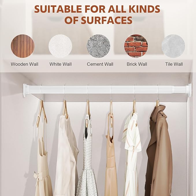 Closet Rods for Hanging Clothes, 17-84 Inch Stepless Adjustable Closet Rod, 1.3 Inch Heavy Duty Metal Clothes Hanging Rod, Expandable Closet Bar Hanger Rod for Closet Wardrobes Laundry RV White
