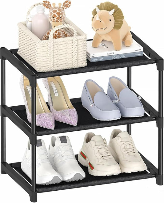 Autonomier 3 Tier Extra Small Shoe Rack (16.3" Wide), Narrow Stackable Shoe Shelf for Kids Toddler Adult, Ultra-Lightweight Shoe Rack Stand for Closet Dorm Bedroom Storage Organizer, Entryway