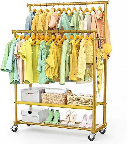 Double Rods Clothes Rack for Hanging Clothes, Heavy Duty Rolling Clothing Rack with Wheels, Freestanding Garment Racks with Oxford Bottom Shelf and Mesh Bottom Shelf for Bedroom Laundry (Gold)