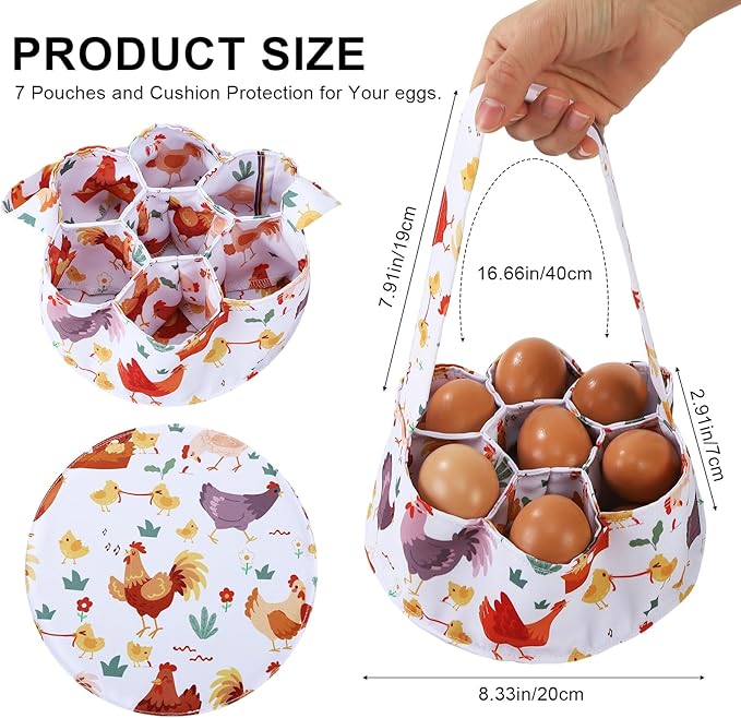 Egg Collecting Basket, Canvas Egg Basket for Gathering with 7 Pouches for Chicken, Duck, Goose, Bird, Various Poultry Collection (Cartoon Chicken Style 3)