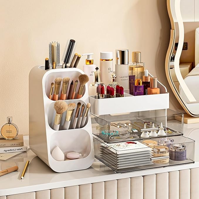Booklov Makeup Organizer for Vanity, Large Capacity Cosmetic Display Case with Clear Acrylic Drawer, Countertop Beauty Storage Holder for Skincare, Brush Eyeshadow Lipstick Counter Desk, Crystal White
