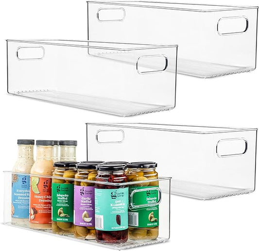 primebox Plastic Food Storage 4 Pack Clear Container Bin with Handles for Organizing Kitchen, Pantry, Refrigerator, Freezer, Pantry, Cabinet, Closet, Bathroom. 16”x6”x5”