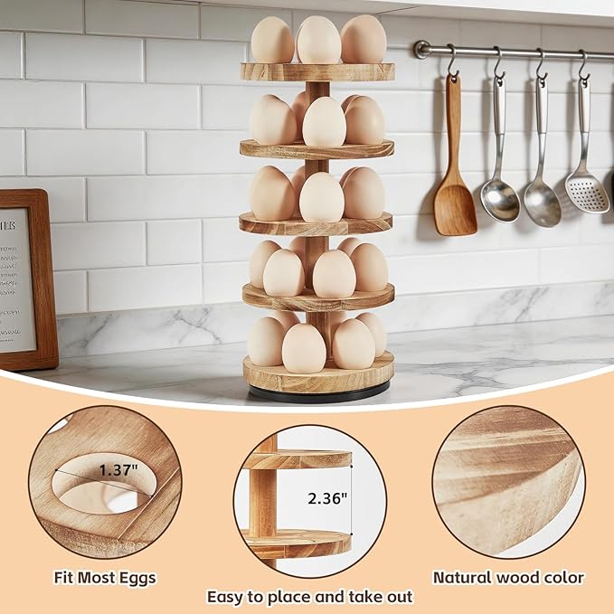 lotoo Wooden Egg Holder Countertop, 5-Tier Egg Rack for Gathering 30 Fresh Eggs, 360° Rotating Spiral Egg Storage Organizer for Kitchen Counter, Farmhouse, Easter Egg Collector, Large Capacity