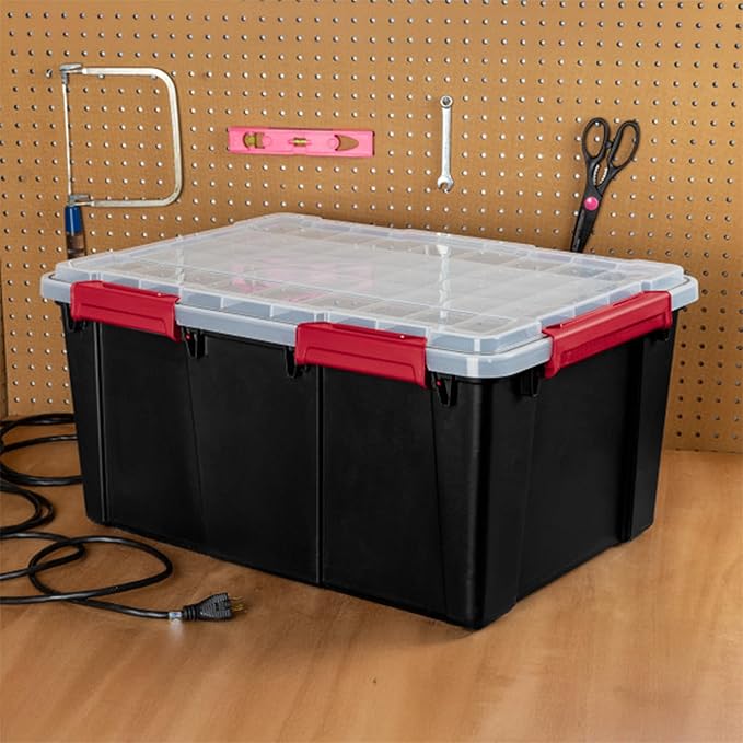 Sterilite 12 Pack Gasket Box, Stackable Plastic 20 Gallon Storage Container with Lids, Black - Waterproof and Dustproof Tote for Home Organization