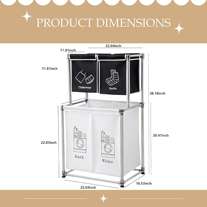 2-3 Tier Laundry Hamper with Removable Fabric Bins, Freestanding Laundry Sorter Organizer with Hooks, Foldable Sorting Basket for Bedroom, Bathroom & Dorm (2-Tier)
