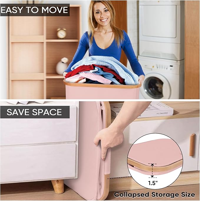 BALEINE Laundry Hamper with Lid, Tall Laundry Baskets with Bamboo Pull Handles, Large Laundry Bin with Internal Support (26 Gal/100L, Pink Stripe)