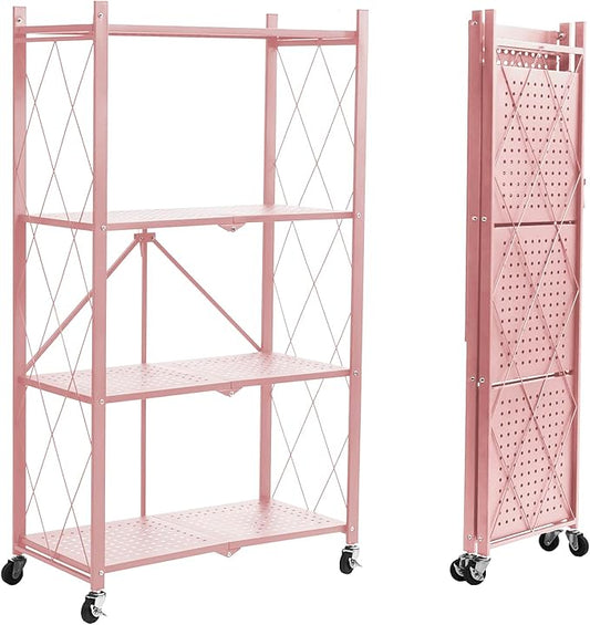 BRIAN & DANY 4-Tier Foldable Storage Shelves with Wheels, Folding Metal Rack Shelving Unit, Heavy Duty No Assembly Organizer Shelf for Garage, Kitchen, Basement, Pantry, Pink
