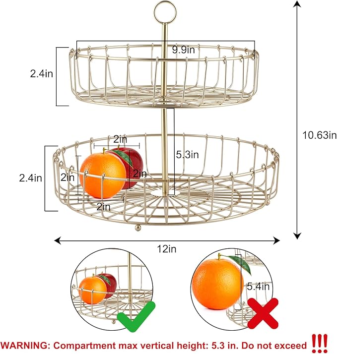 Fruit Bowl,11.93in Iron Round Golden 2 Tier Fruit Basket Nordic Household Snack Storage Tray for Kitchen Parties for Fruits Vegetables