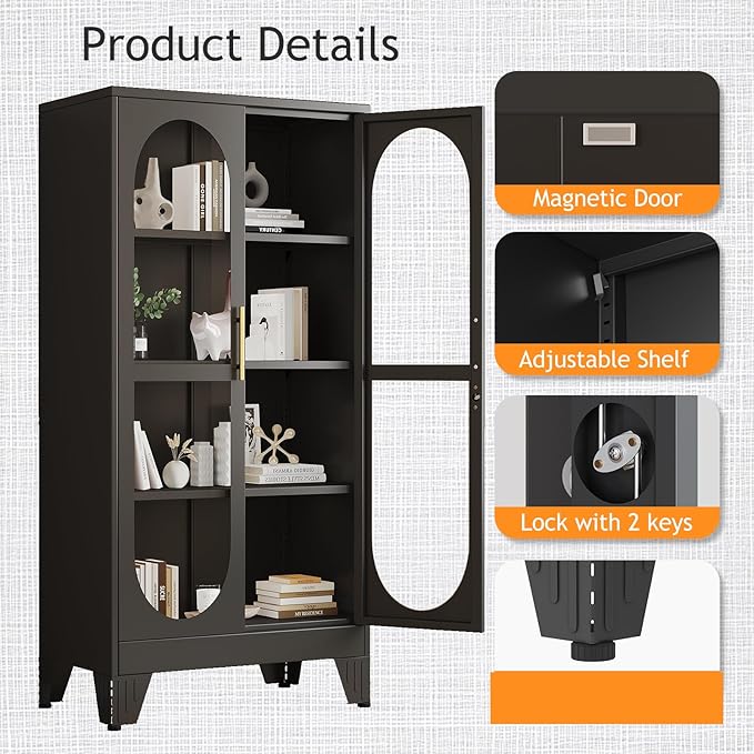 PAOFIN 61" H Locking Display Cabinet with Glass Door, Metal Cabinets with 3 Adjustable Shelves, Cabinet Display Case for Living Room, Collectibles, Clinic, Home - Assembly Required Black