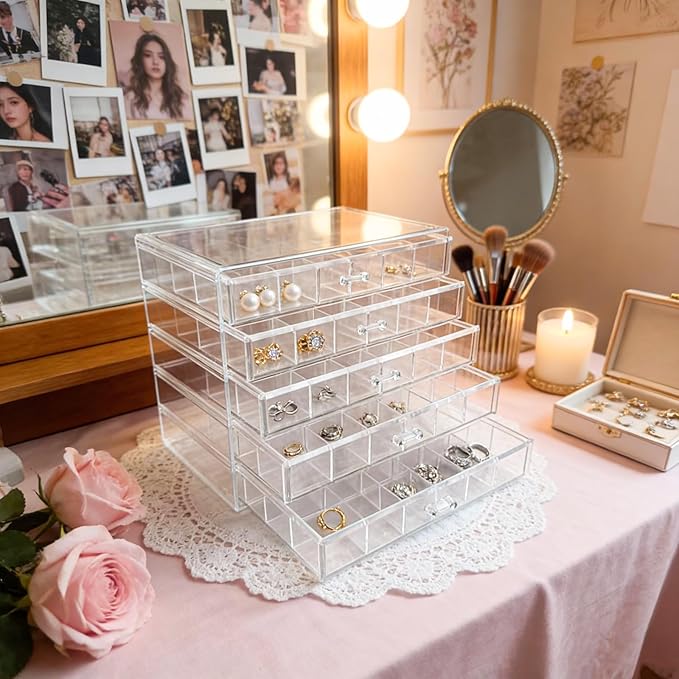 Acrylic Transparent Earrings Jewelry Organizer with 5 Drawers 120 grids, Stackable Necklace Rings Display Storage Case Box Holder, Clear