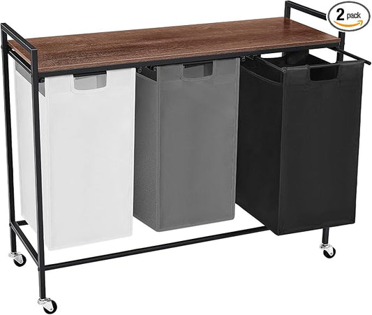 Laundry Sorter 3 Section, Rolling Laundry Hamper with Shelf, 3 Compartment Laundry Basket with Lid, Organizer Rustic Wooden Top (White+ Grey+ Black)