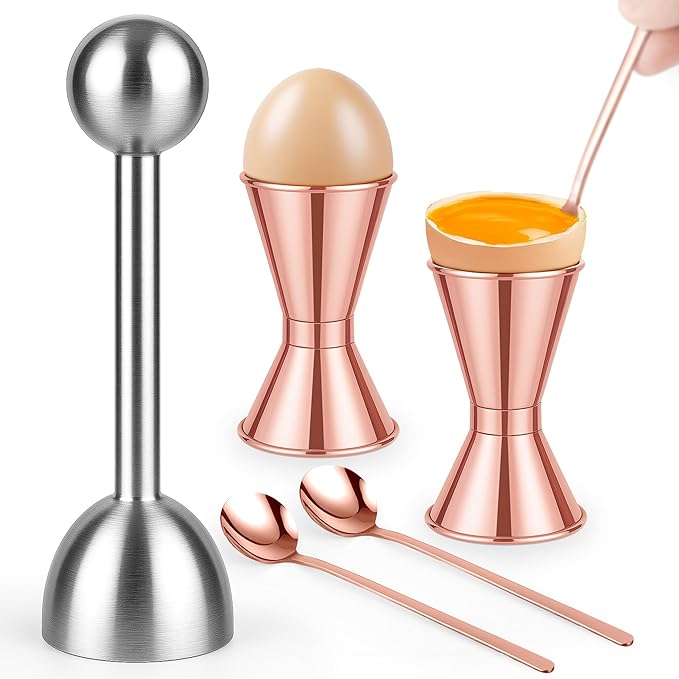Egg Cups For Soft Boiled Eggs Set Of 5 - Includes 1 Stainless Steel Egg Cutter & 2 Egg Spoons & 2 Soft Boiled Egg Holder, Effortless & Precise Cracking - For Breakfast, Afternoon Tea, Parties