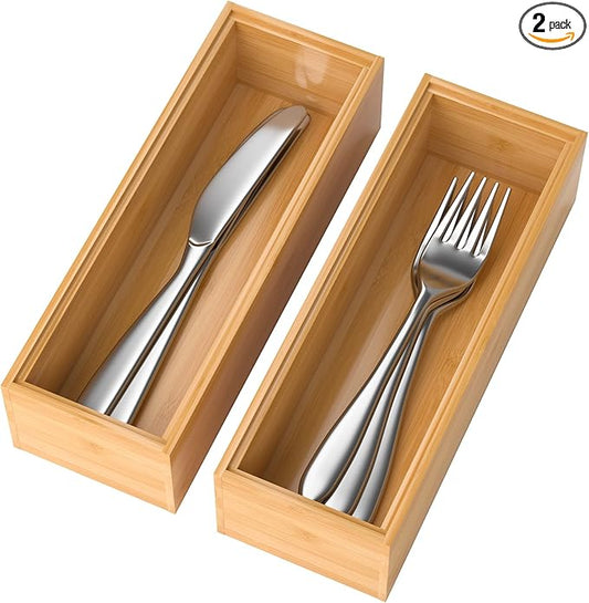 Lixple Bamboo Drawer Organizer – Set of 2 Stackable Storage Boxes, Silverware Tray & Small Gadget Holder for Kitchen Drawers, 9" x 3" x 2" (Outer), 8.3" x 2.3" x 1.77" (Inner)
