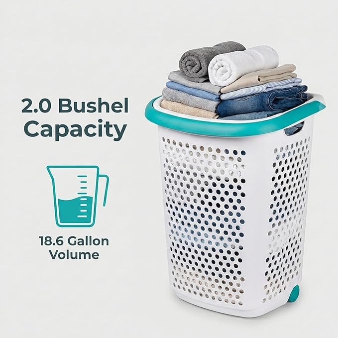 2 Bushel Rolling Laundry Hamper with Wheels & Retractable Handle, Large Capacity Plastic Laundry Basket on Wheels, Airy Hollow Design, White with Teal Accents, 15.47 x 20.11 x 25.00 Inches