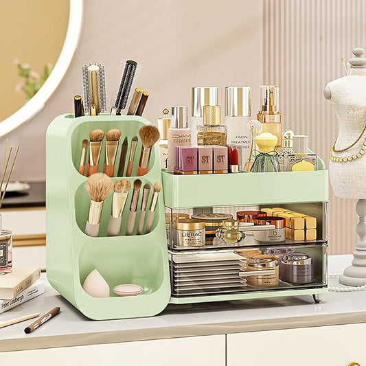 Makeup Organizer with Drawers,Large Capacity Countertop Organizer for Vanity,Bathroom and Bedroom Desk Cosmetics Organizer,Easy To Storage Skincare,Brushes,Lotions (Green)