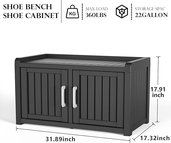EasyUp Shoe Bench Waterproof,Resin Shoe Cabinet,Outdoor Storage,Industrial Hallway Bench with Adjustable Shelves for Entryway,Living Room,Bedroom(Black,Double Door)