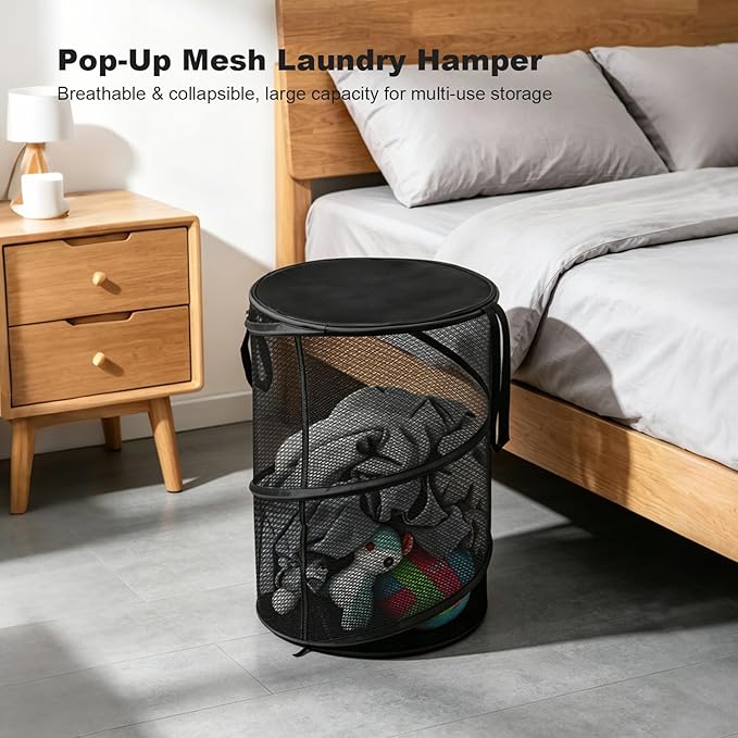 BATTOO Collapsible Laundry Basket with Lid, Large Foldable Mesh Pop Up Hamper 88L with Handles for Laundry Room, Bathroom, Kids Room, College Dorm, Travel, Storage Organizer Black