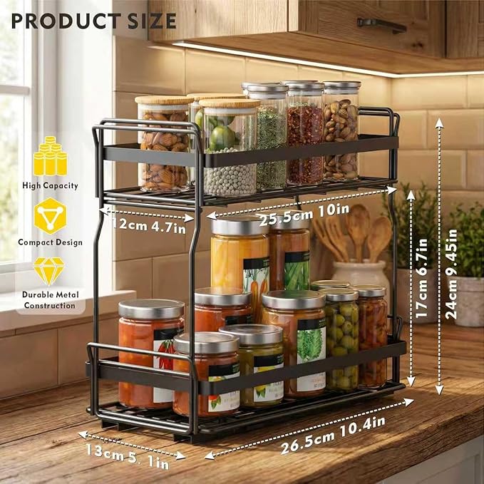 Pull Out Spice Rack Organizer for Inside Kitchen Cabinets, Heavy Duty Slide Out Seasoning Kitchen Organizer, 2 Tier Vertical Sliding Seasoning Organizer, 10.5" D x 5.1" W x 9.6" H -2 Pack (2)