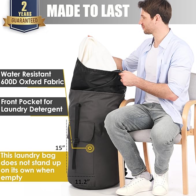 Backpack Laundry Bag, 115L Heavy Duty Extra Large College Laundry Backpack, Dirty Clothes Bag with Shoulder Straps, Laundry Hamper Bag with Drawstring Closure for College Dorm, Apartment Charcoal grey
