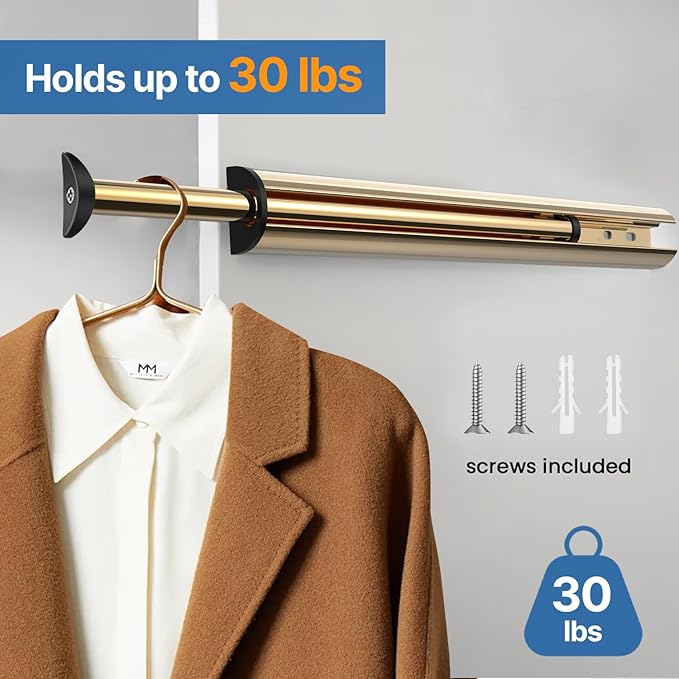 Valet Rod 14-Inch,Tenovel Closet Hanging Rod, Rust-Free Closet Hanging Clothes Hat Rack (Mounting Screws Included)-Matte Gold