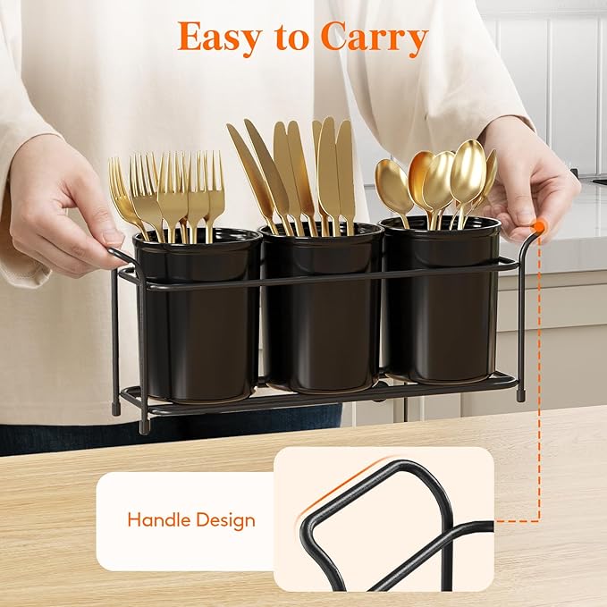Lifewit Plastic Silverware Caddy with Metal Rack, Utensil Holder for Party, Cutlery Flatware Organizer for Kitchen Countertop, Forks Spoons Knives Storage for Picnic Camping Outdoor Buffet, Black