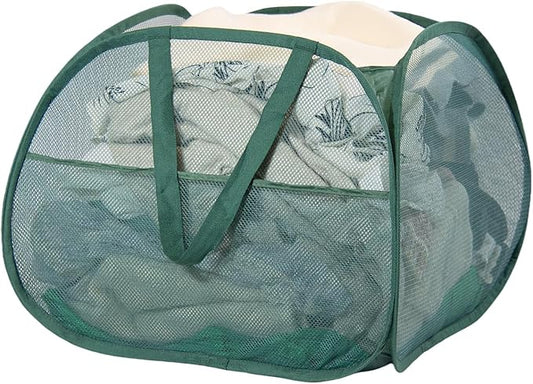 Collapsible Laundry Basket, 90L Foldable Pop-up Laundry Hamper with Handles, Square Mesh Dirty Clothes Hamper for Laundry, Bathroom, Kids Room, Dorm,Travel or Camping (Green)