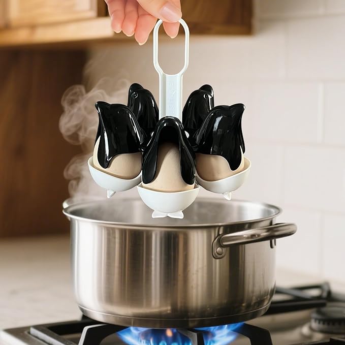 Asltw Dolphin Egg Holder Rack, 5 Egg Boiling Tray with Flip Top 10 Egg Storage, Heat Resistant Handle, Multi Purpose Egg Poacher for Cooking, Fridge Organizing & Serving (Black+White)