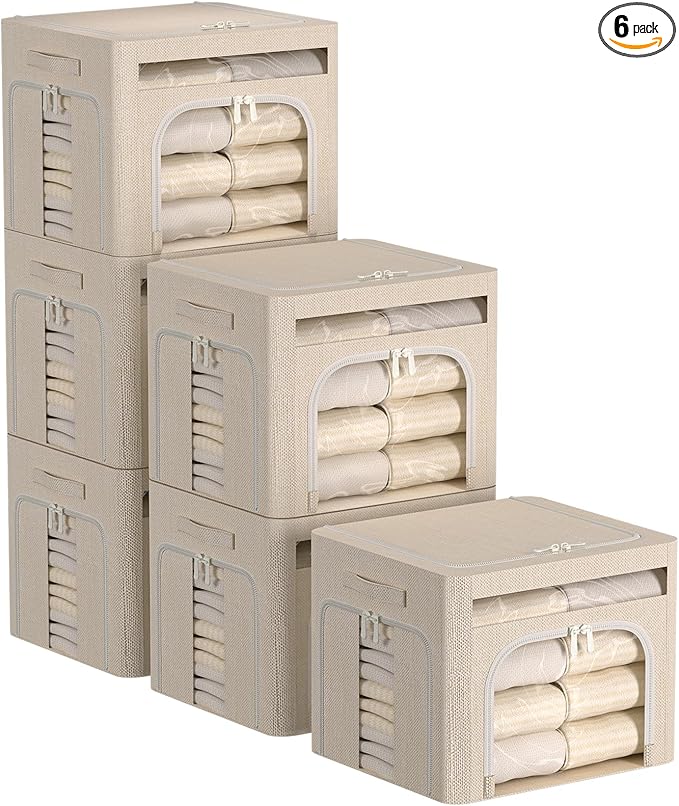 FHSQX 6 Pack Foldable Storage Bins for Clothes Clothes Storage Bins with Metal Frame Stackable Storage Box with Lid (Beige, 19.7x15.7x13.8 inch (70L))