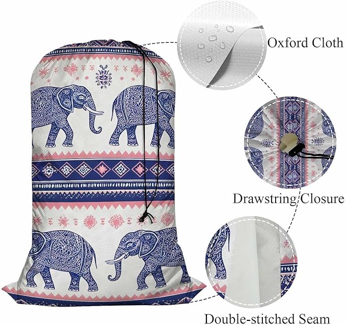 Swono Ethnic Elephant Extra Heavy Duty Laundry Bag, Indian Style Lotus Floral X-Large Dirty Clothes Drawstring Bag with Tear Resistant Fabric, Washable Laundry Liner for Hamper, Ideal for Camp, Travel