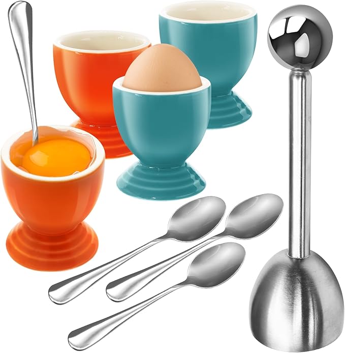 Colorful Soft Boiled Eggs Cups Set, 4 Ceramic Egg Stands and 1 Stainless Steel Egg Cutter, 4 Perfect Egg Spoons for Kitchen and Breakfast Host(Caribbean & Frame)
