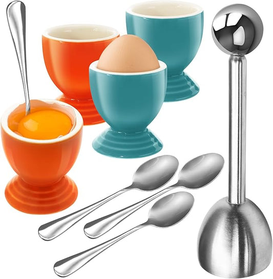 Colorful Soft Boiled Eggs Cups Set, 4 Ceramic Egg Stands and 1 Stainless Steel Egg Cutter, 4 Perfect Egg Spoons for Kitchen and Breakfast Host(Caribbean & Frame)
