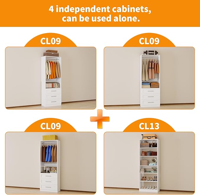 Closet System with 4 Sets, 8FT-21FT Closet Organizer Systems with 9 Wooden Drawers 9 Shelves & 5 Hanging Rods, Walk in Closet freestanding Small Corner Modular Closet Storage System White (8FT)