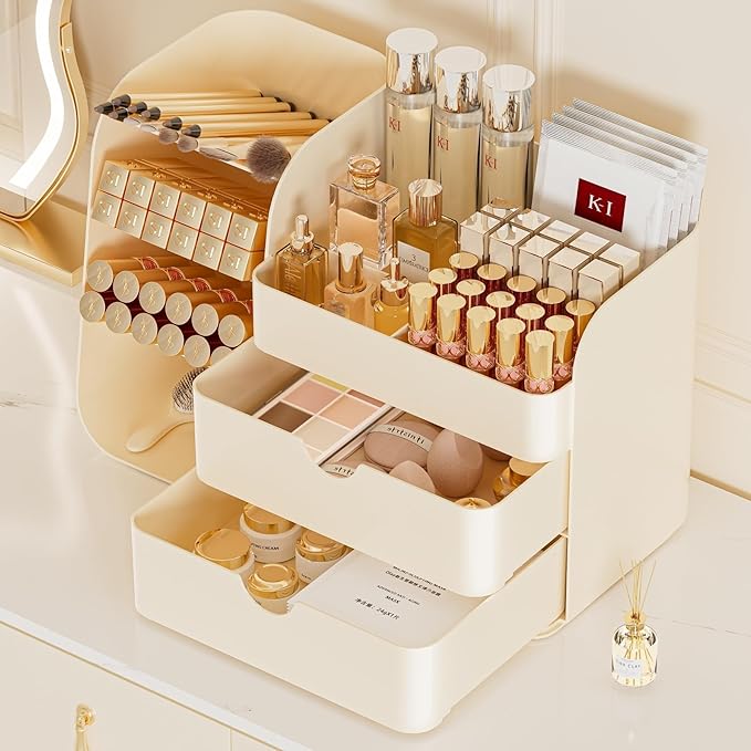 Booklov Makeup Organizer for Vanity, Countertop Cosmetic Display Case with Clear Acrylic Drawers, Bathroom Counter Beauty Caddy, Cute Table Storage Holder for Skincare, Brush Lipsticks, Crystal Creem