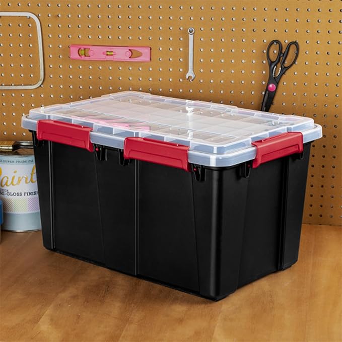 Sterilite 12 Pack Gasket Box, Stackable Plastic 13.5 Gallon Storage Container with Lids, Black - Waterproof and Dustproof Tote for Home Organization