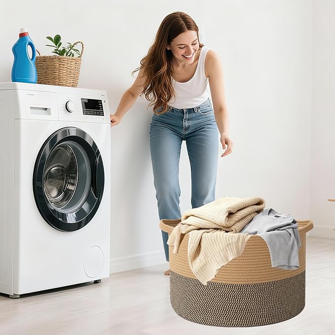 90L Extra Large Blanket Basket,Rope Woven Storage Basket with Handles, Laundry Hamper for Toys, Clothes, Pillows & Towels, Perfect for Living Room, Nursery & Bedroom,Jute&Black