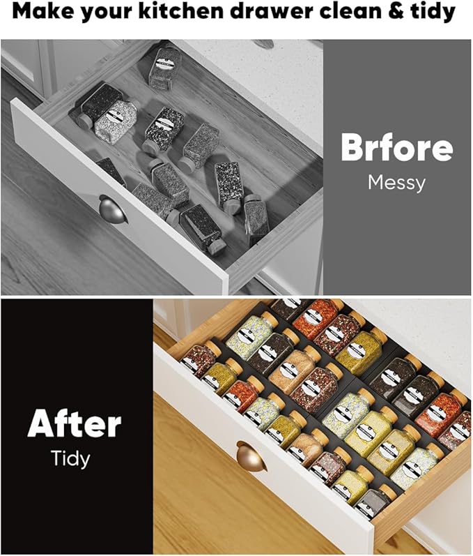 Artibear ABS Spice Drawer Organizer, Spice Rack Tray for Kitchen Cabinet, 6 Pieces Set-Expandable Seasoning Storage Rack From 8"-16" Insert for Drawer/Countertop (Jars Not Included)