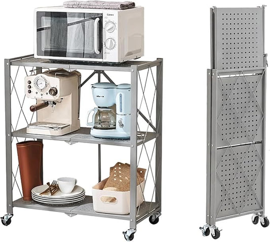 BRIAN & DANY 3-Tier Foldable Storage Shelves with Wheels, No Assembly Folding Shelf Metal Rack, Shelving Unit for Kitchen, Garage, Gray