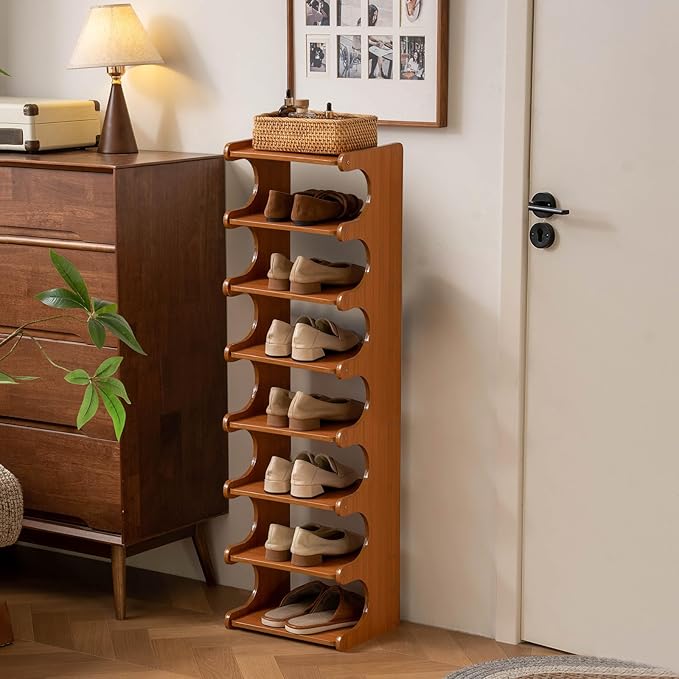 Tall Narrow Solid Wood Shoe Rack, 8 Tier Vertical Wooden Shoe Storage Tower, Freestanding Corner Multi-Layer Organizer for Entryway(12.6" L x 9.84" W x 44.1" H)