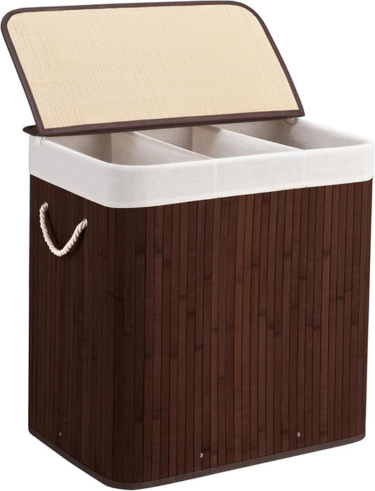 Aliphon 150L Laundry Hamper with lid, 3-Section Clothes Laundry Basket with Handles, Large Collapsible Bamboo Baskets for Bedroom, Bathroom, Dorm, Brown