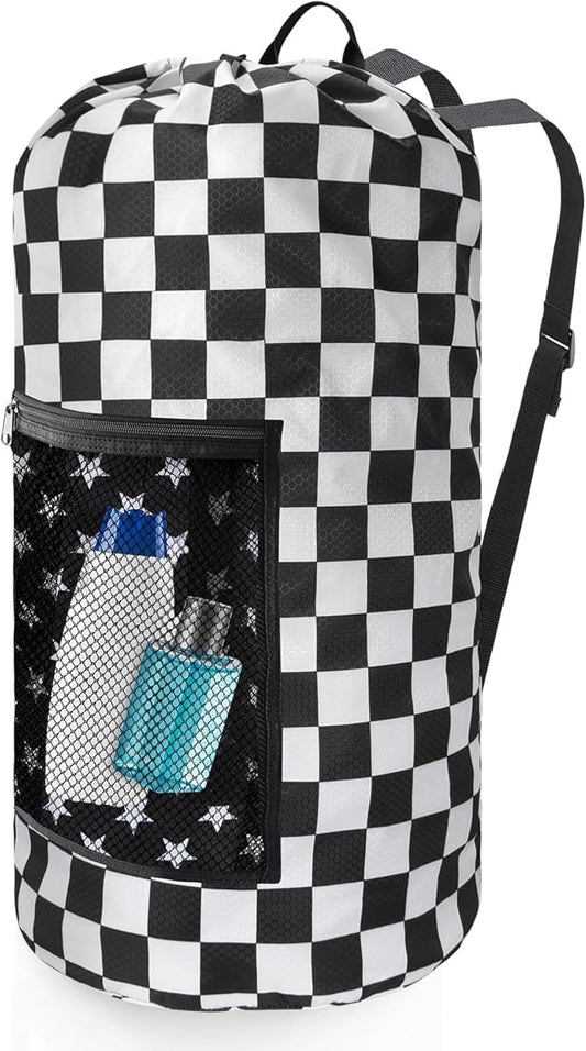 Laundry Bag Backpack, Extra Large Travel Laundry Bag with Mesh Pocket & Adjustable Shoulder Straps,Dirty Clothes Travel Bag for College Students Dorm,Apartment(Positive Square)