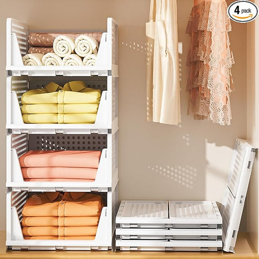 Neprock Stackable Plastic Storage Drawers for Closet Organizers and Storage,4 Pack Open Storage Bins Closet Shelf Clothes Organizer for Closet Wardrobe(4L)