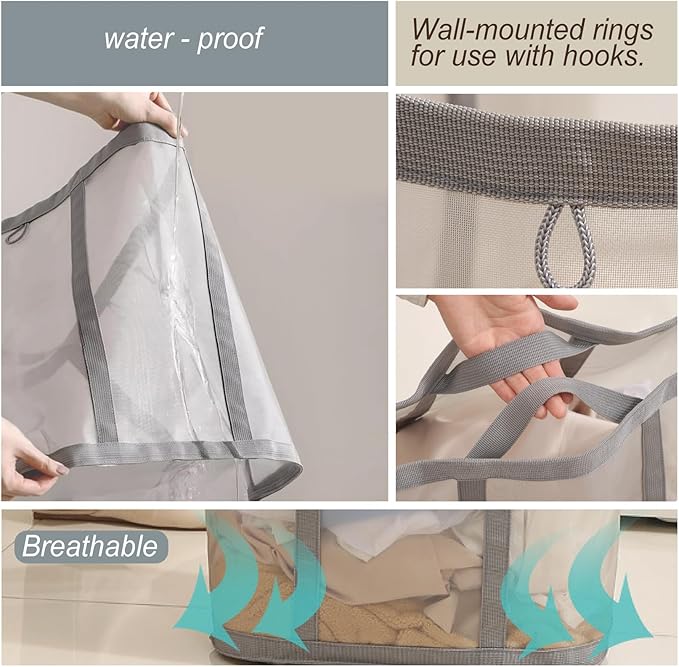 Mesh Bag with Handles, Collapsible Laundry Basket, Foldable Laundry Bag, Breathable Folding Beach Bag,Space-saving Travel Tote Bags (2, Grey)