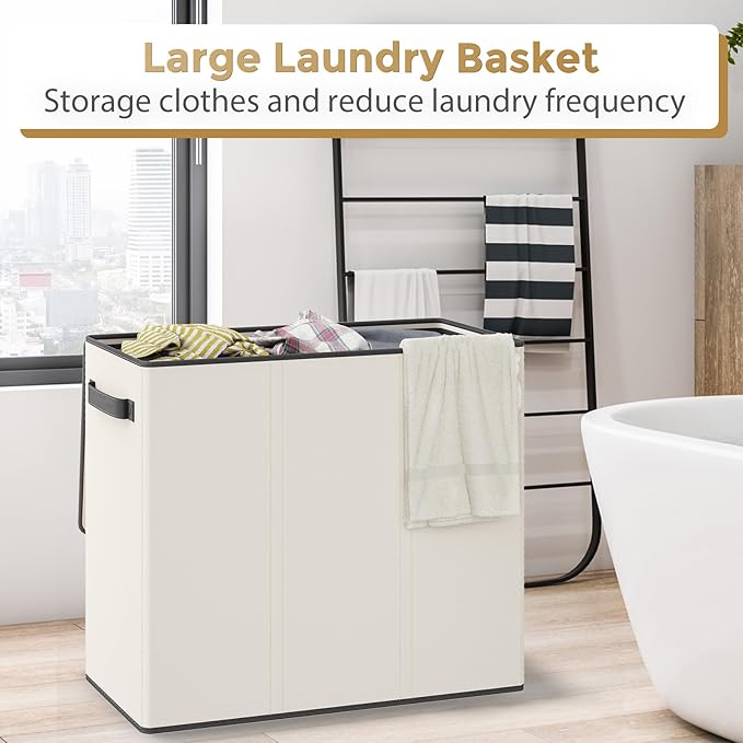 Optish 180L Laundry Hamper 3 Section, Large Laundry Basket with Lid, Laundry Basket Organizer with Handles, White Divided Laundry Baskets, Clothes Hampers for Laundry, Bedroom, Bathroom