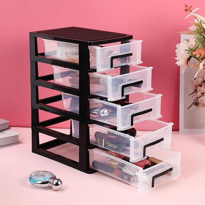 Multifunctional Five-Layer Plastic Storage Cabinet with Transparent Drawers - Space-Saving Organizer for Office, Closet, and Home, 12.36 Inches, Black