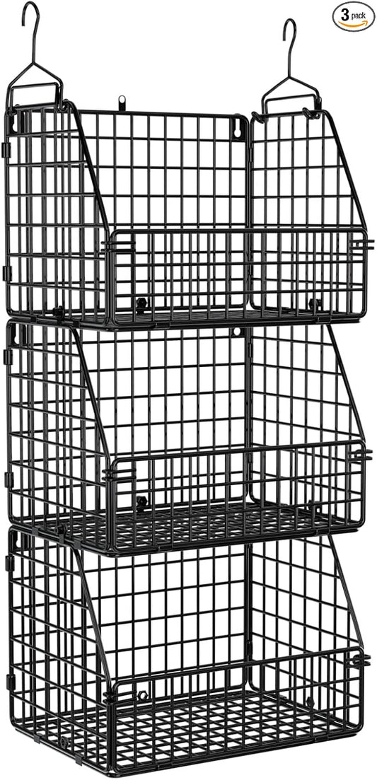 PUPPYCUTE Stackable Wire Storage Baskets for Kitchen Closet Pantry, Hanging Closet Organizers Storage Shelves Organization, Wall Mount Metal Basket Bins, Clothing Vegetable & Fruit Organizer 3 pcs