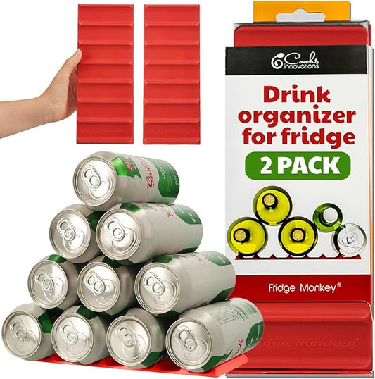 Cooks Innovations Drink Organizer for Fridge, Soda Can Refrigerator Organizers and Storage, Beer-Wine-Water Bottle Holder, Fridge Monkey - Durable Non-Slip&Roll - 2 Pack