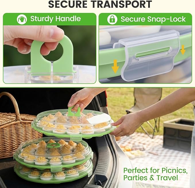 HANSGO Deviled Egg Containers with Lid, 3PCS Deviled Egg Platter Carrier Holder Trays with 66 Slots for Party and Home Kitchen, Green