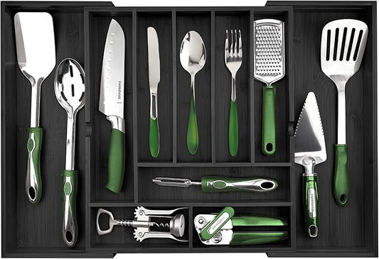 Pristine Bamboo Silverware Organizer - Expandable Kitchen Drawer Organizer - Adjustable Kitchen Drawer Organizer for Utensils, Expandable to 25 Inches Wide, 10 Slots - Black