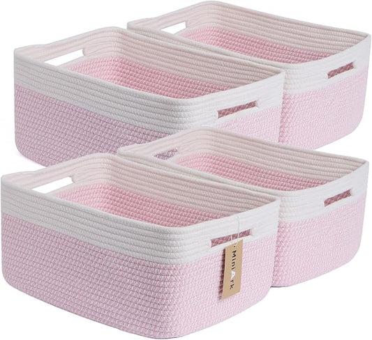 MiniArk Large Storage Baskets for Organizing, Closet Shelf Baskets for Clothes Blanket Towels, Baby Nursery, Toy Bins Box, Woven Rope Baskets, 17 x 13 x 7.5”, 4 Packs Woven Pink